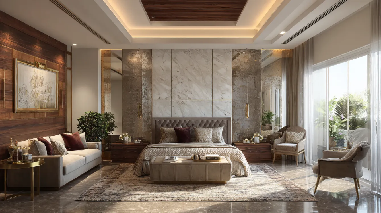 luxury bedroom pvc false ceiling design with wood and cove lighting