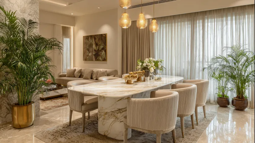White marble table with curved cream tub chairs in a luxury room.