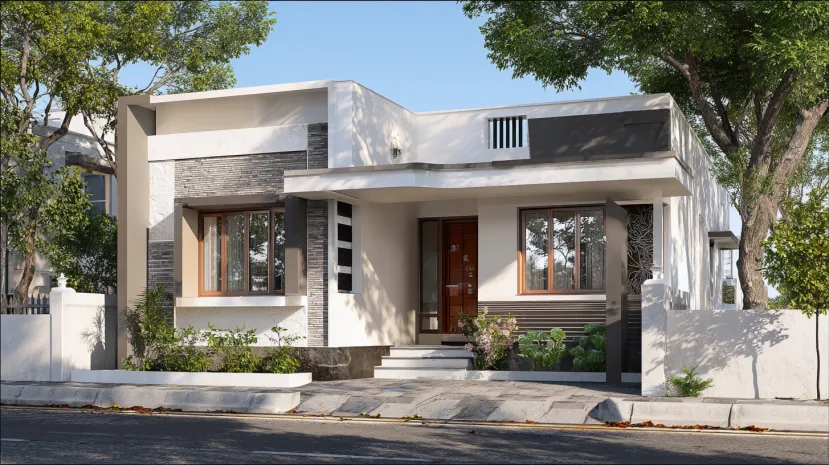 Metal accents low-cost normal house front elevation design