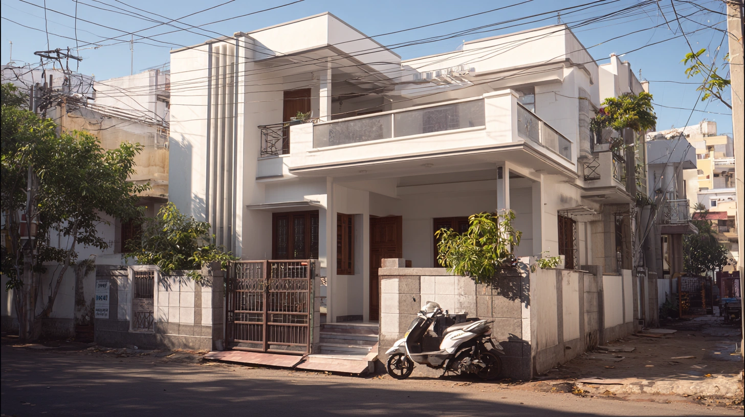 Minimal white grey two-storey Indian home with glass balcony