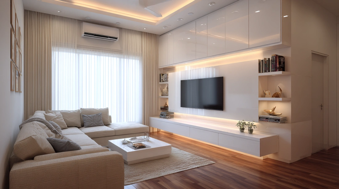 Minimal corner TV unit with glossy white finish