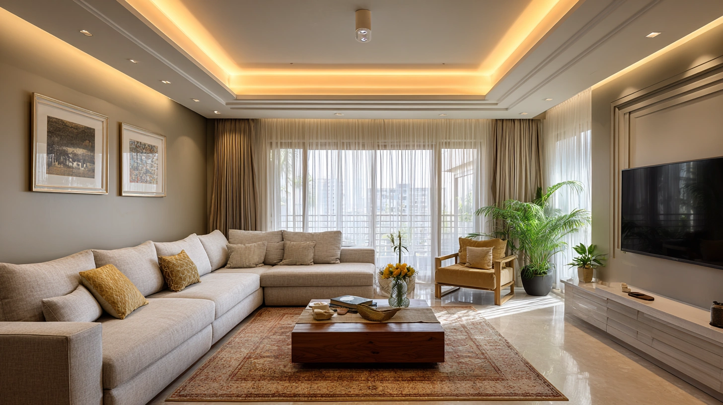 Spacious apartment living hall featuring layered warm tray lighting