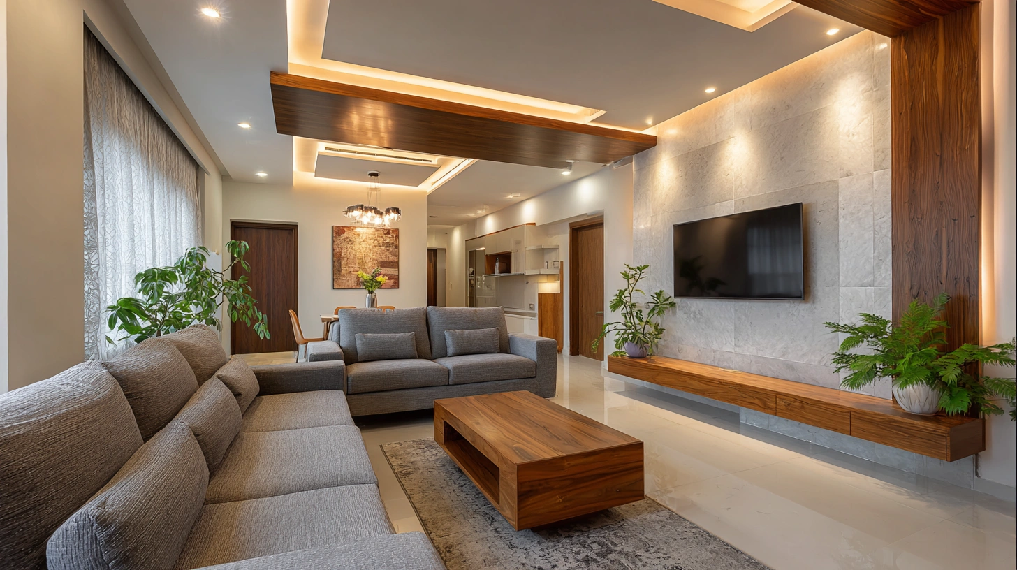 Contemporary living room showcasing a detailed geometric ceiling framework