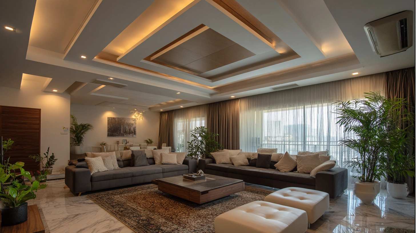 Luxurious living room displaying a majestic dual tier ceiling