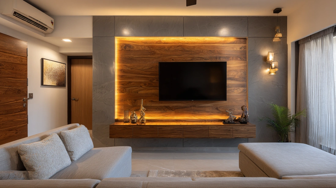 Glowing ambient light strip behind an entertainment console