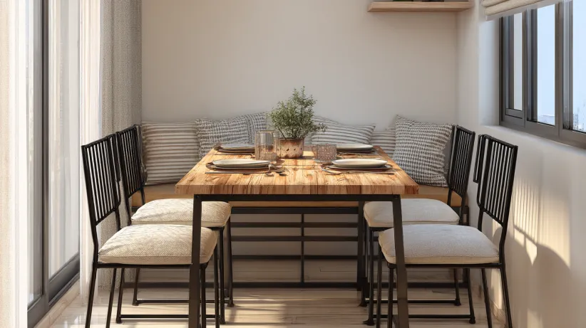 Plywood dining table with black metal chairs and bench seating.