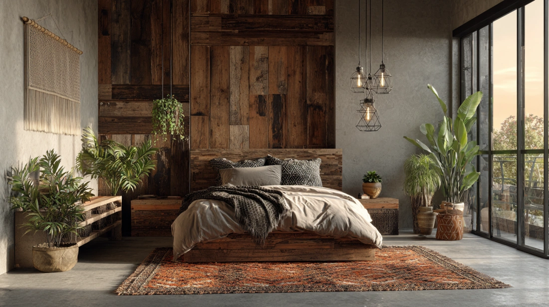 Farmhouse bedroom with wooden panel wall and hanging bulbs