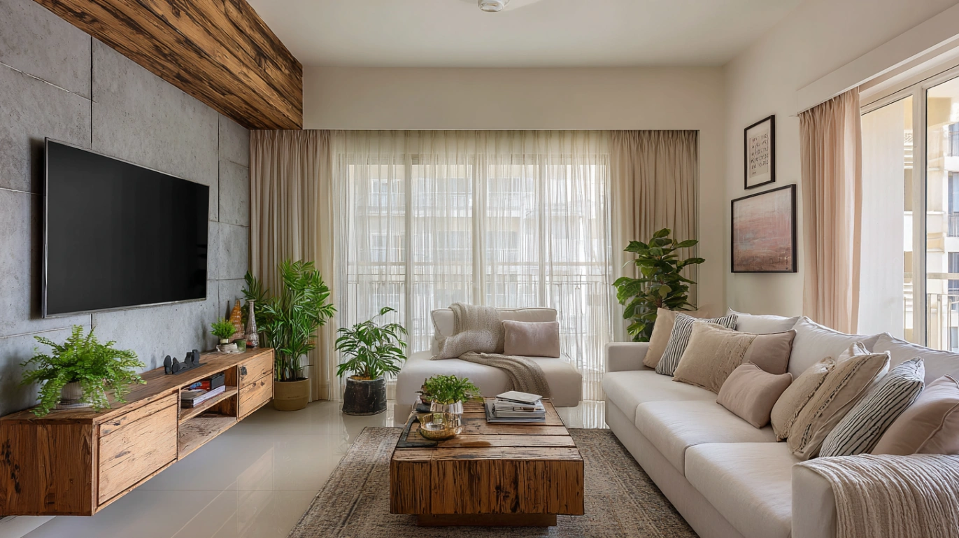 White sofa paired with raw wood elements