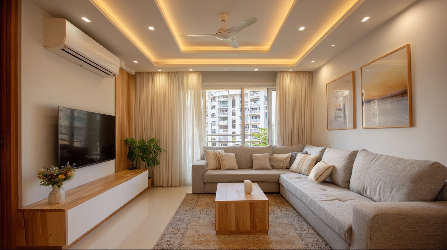 Warmly illuminated modern living room with clean plaster borders