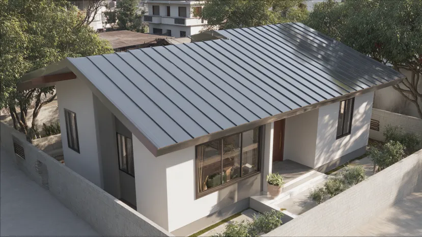 Sleek modern grey standing seam metal roofing design.