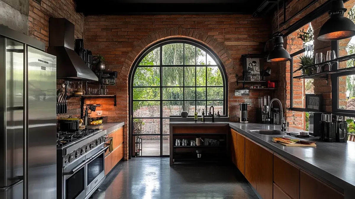 Industrial brick kitchen featuring a steel-framed arch window