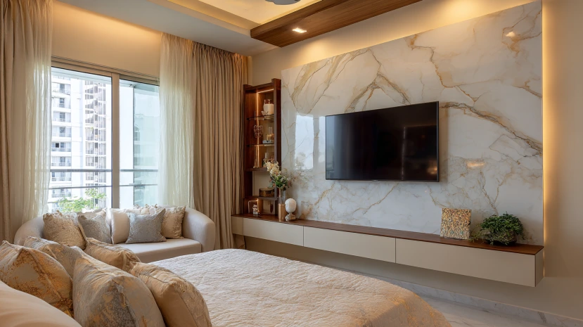 marble finish tv panel design for bedroom with modern style