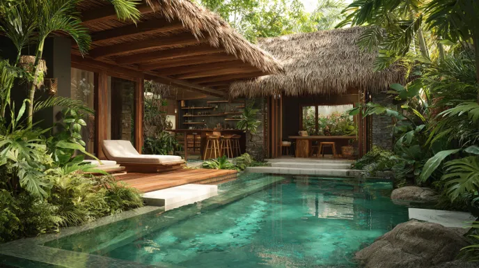 Modern tropical home with pool and warm lighting