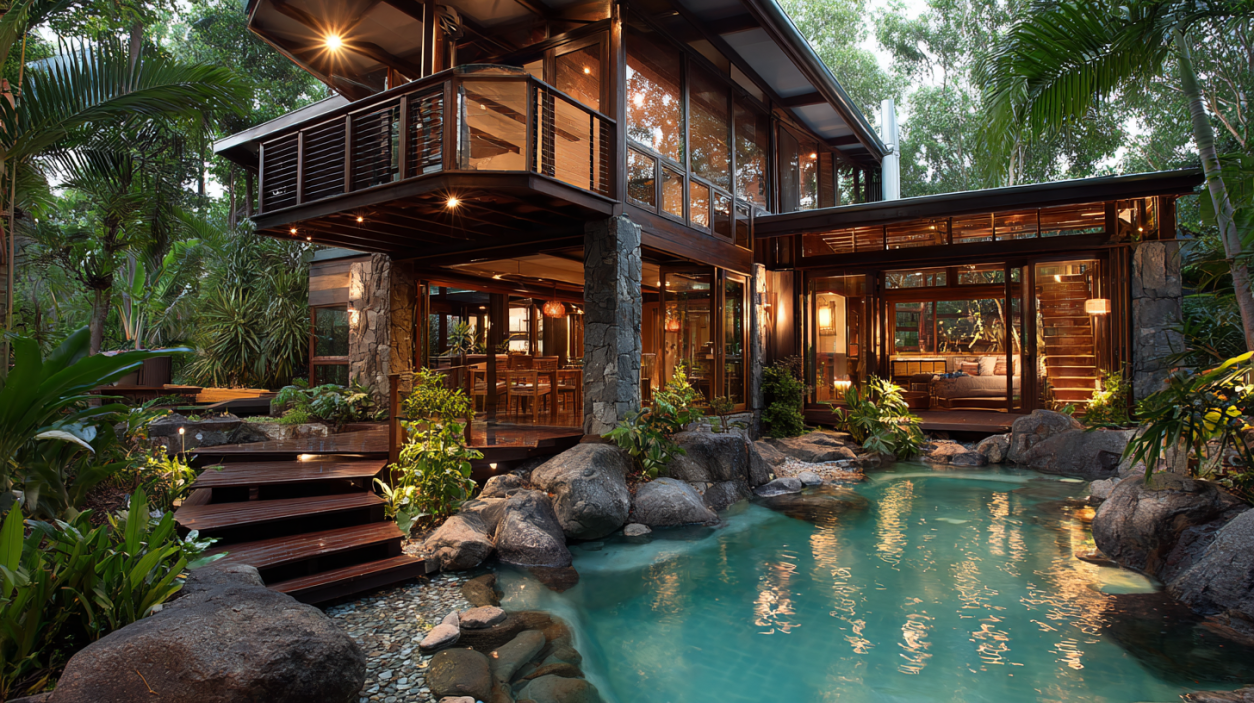 Modern tropical house with glass walls and lush greenery