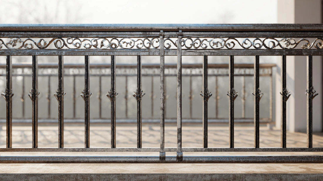 Minimalist black metal railing with clean horizontal lines on a modern patio