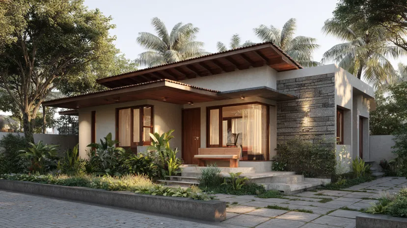 Modern Village House Design with a stone feature wall.