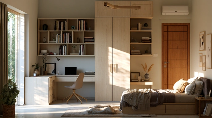 Wardrobe with study table and open shelves
