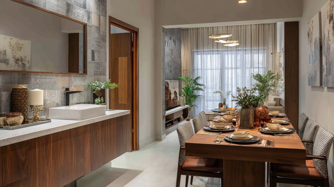 Wood cabinet vanity with white basin near dining
