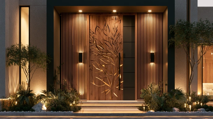 Wooden door with natural motifs
