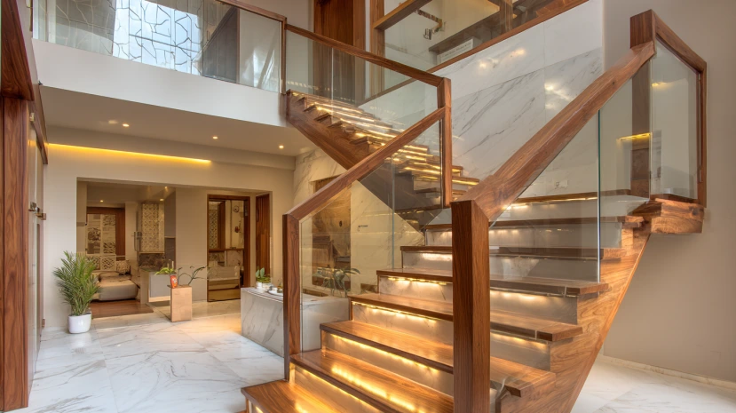 glass inserts featured in modern wooden stair railing design