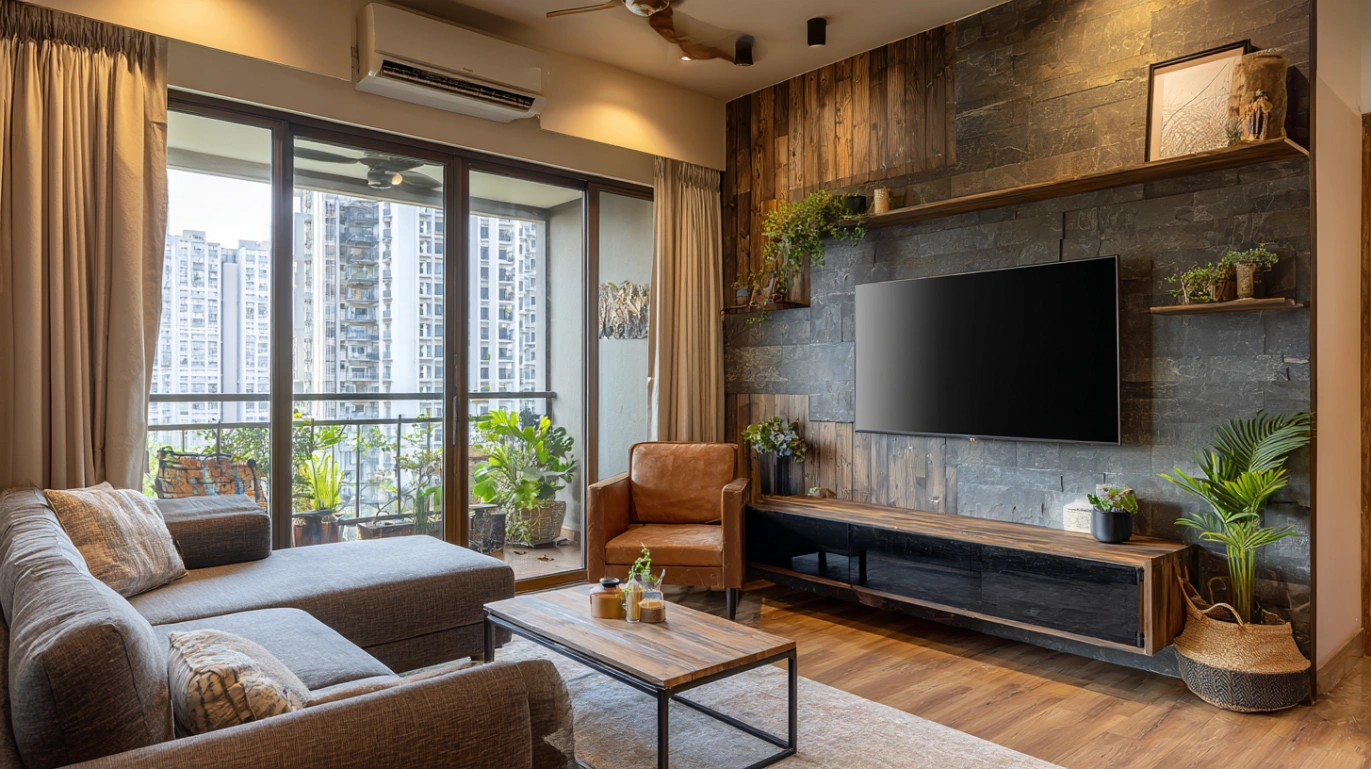 L-shaped couch faces dark stone accent wall