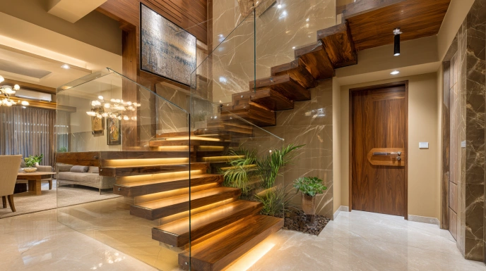 Modern floating staircase in Indian duplex home