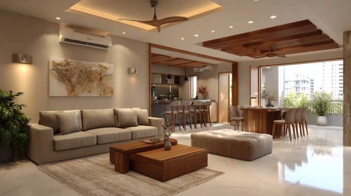 Open-plan living and dining in Indian duplex home