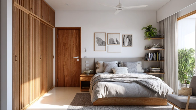 Scandinavian white and wood bedroom interior