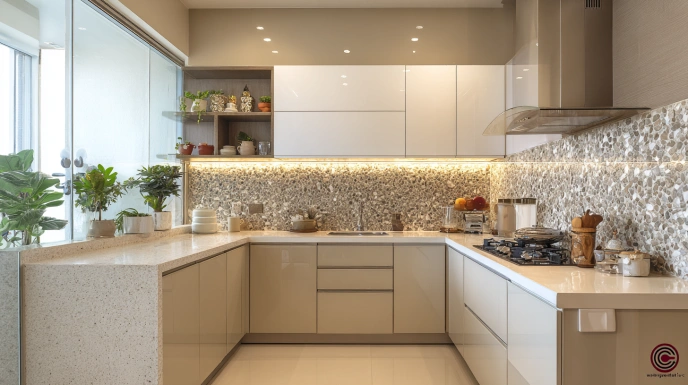 Glossy acrylic cabinets in modern kitchen