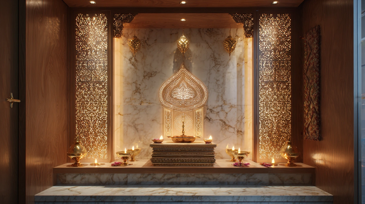 Modern pooja room with wooden mandir