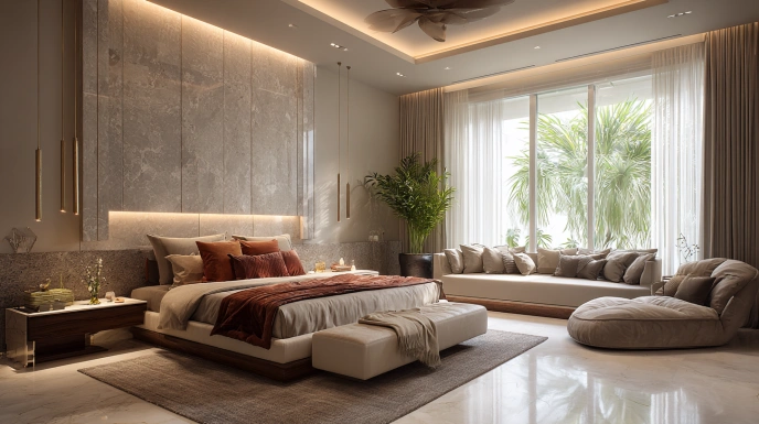 Hotel-style master bedroom with lounge seating