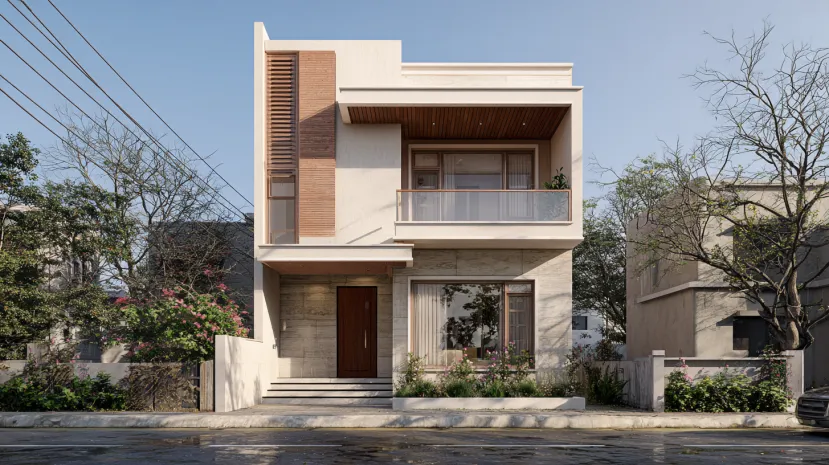 Narrow duplex small house design with a glass balcony.