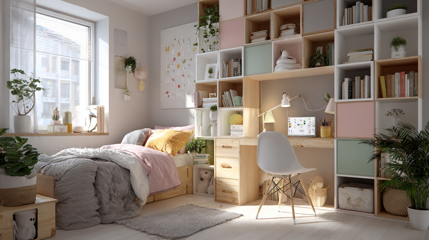 Modular grid box shelves for bedroom wall
