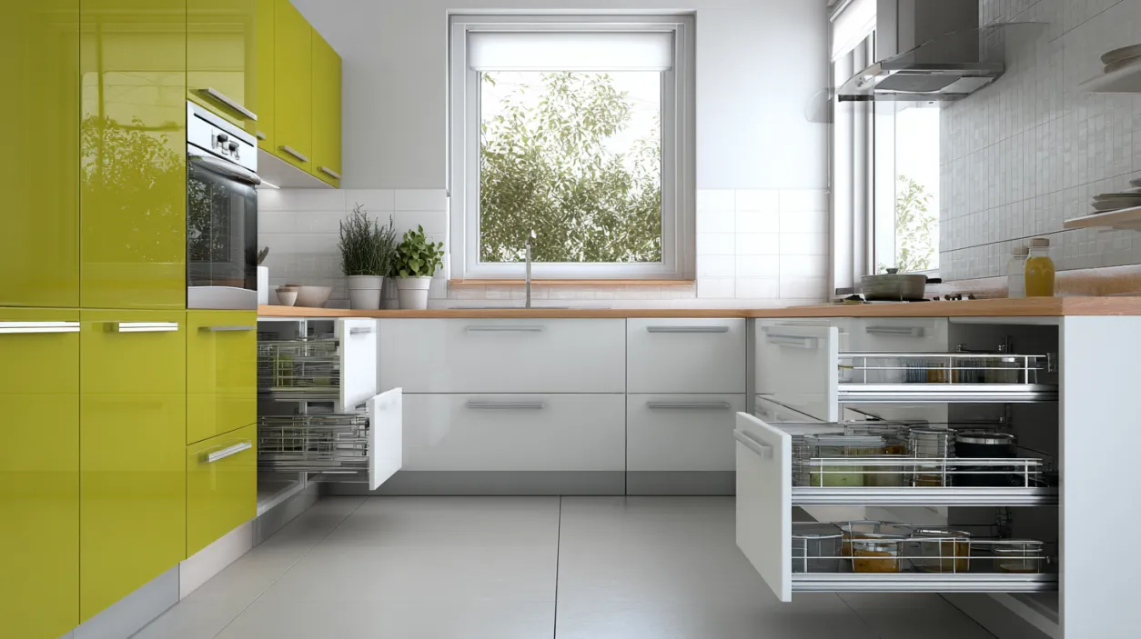 Full range of modern modular kitchen accessories in situ.