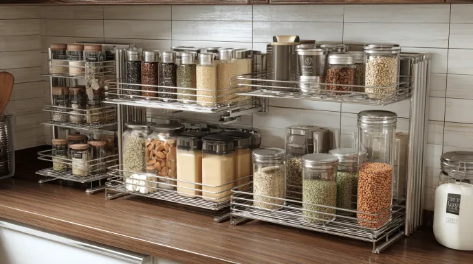 Stainless steel modular kitchen basket for spice jars.
