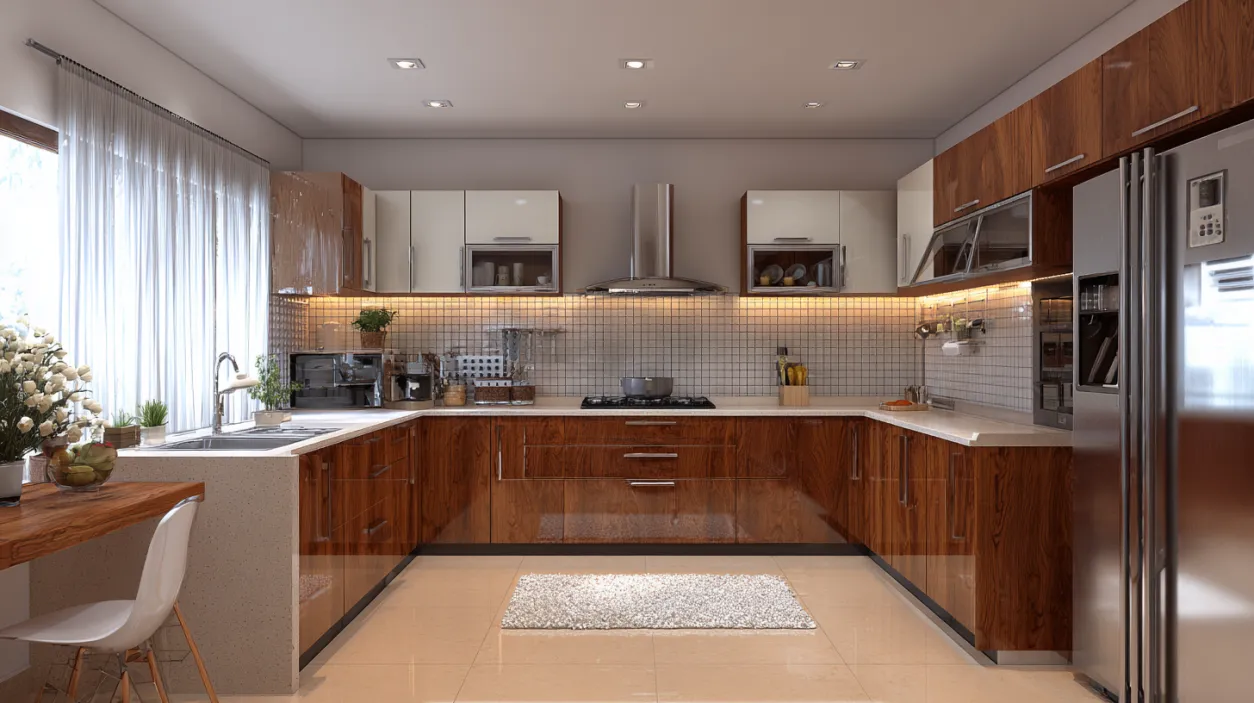 Contemporary modular kitchen design with handleless cabinets.