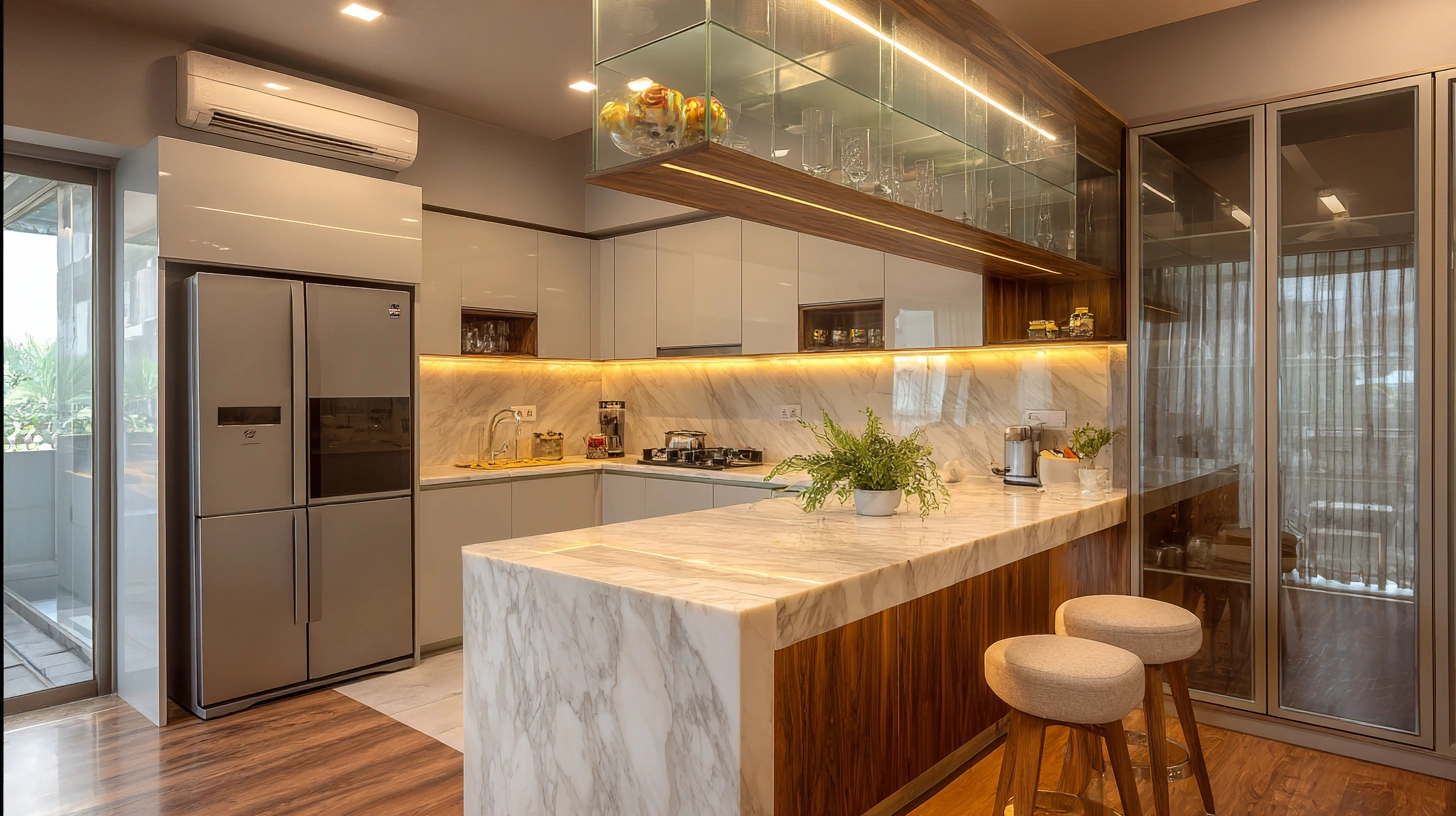 Modern kitchen cabinet with black-framed glass doors and shelving