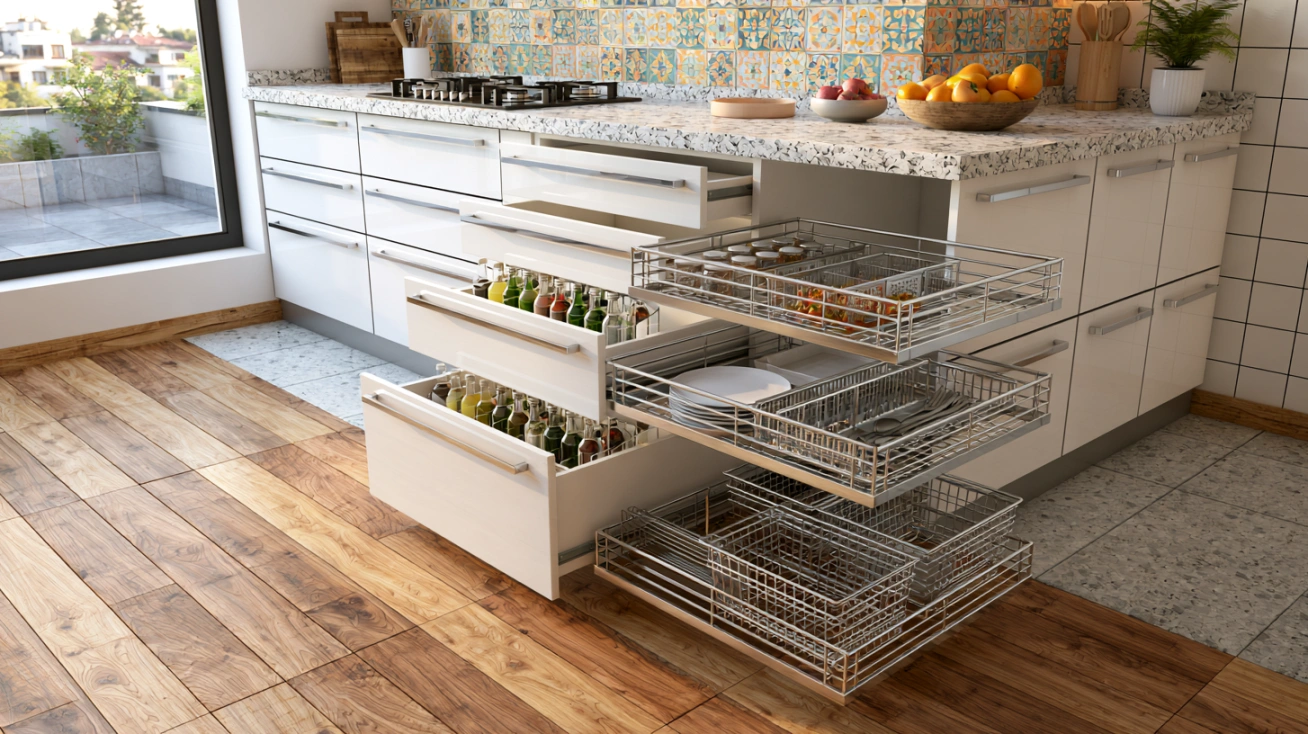 Integrated modular kitchen pull-out storage racks