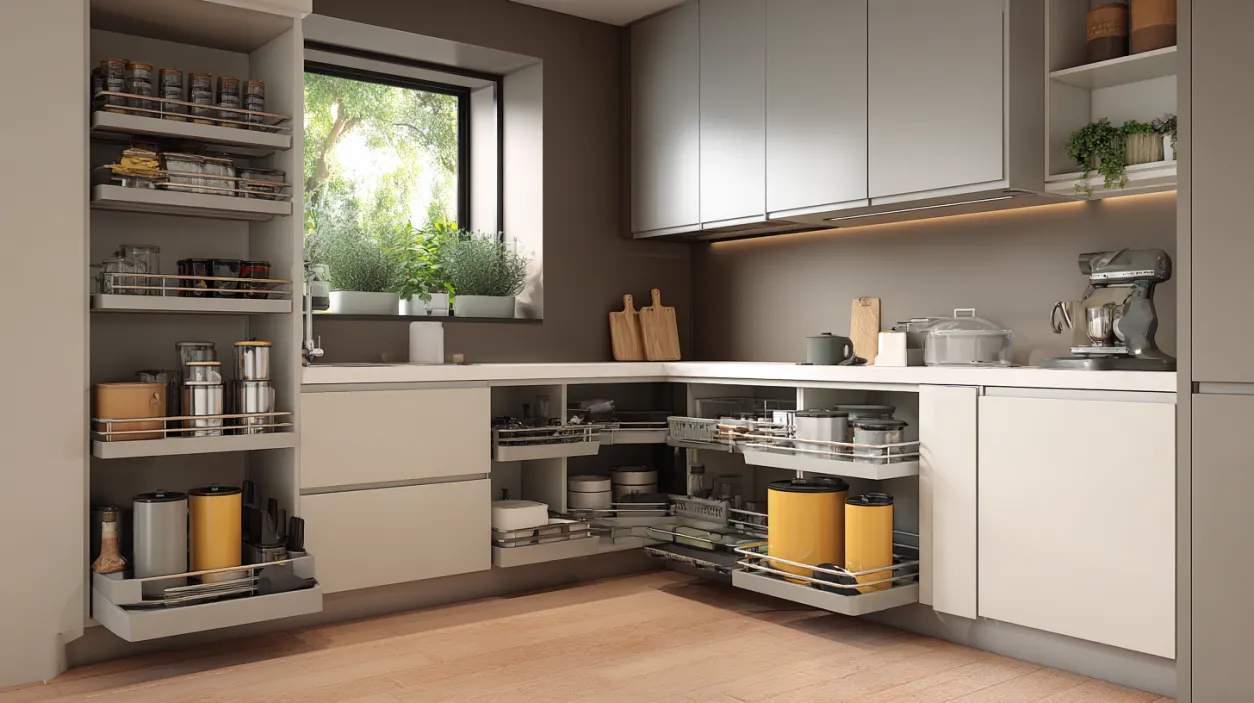 Modern modular kitchen tall unit with pantry pull-out.