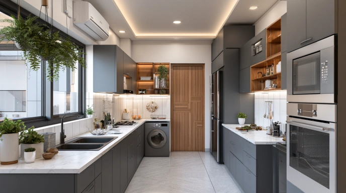 Modular kitchen with attached utility space