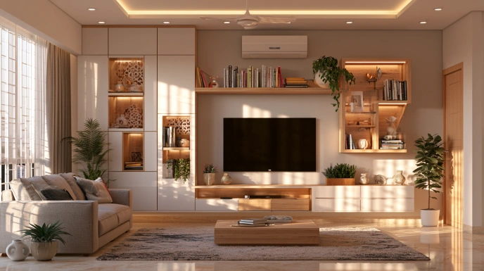 Modular TV unit with flexible storage in a living room