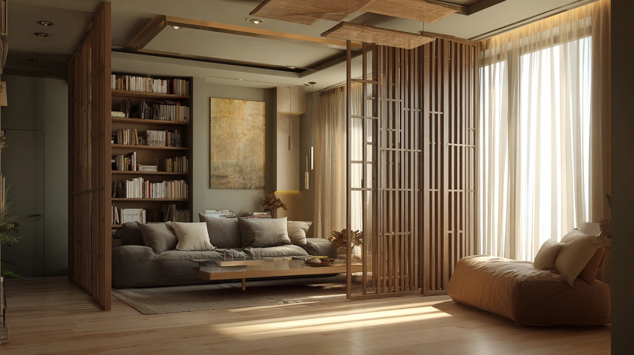 Foldable partition separating living and dining space