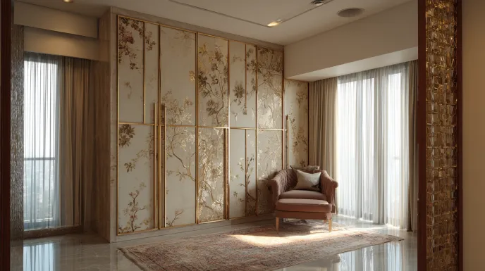 Modular wardrobe design with floral sliding doors
