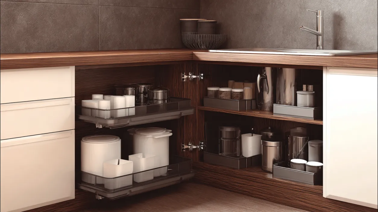 Pull-out modular kitchen trolly under wooden countertop.
