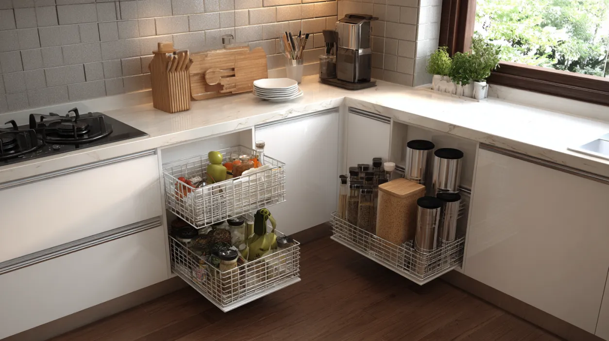 Minimalist white modular kitchen with wire basket pull-outs.