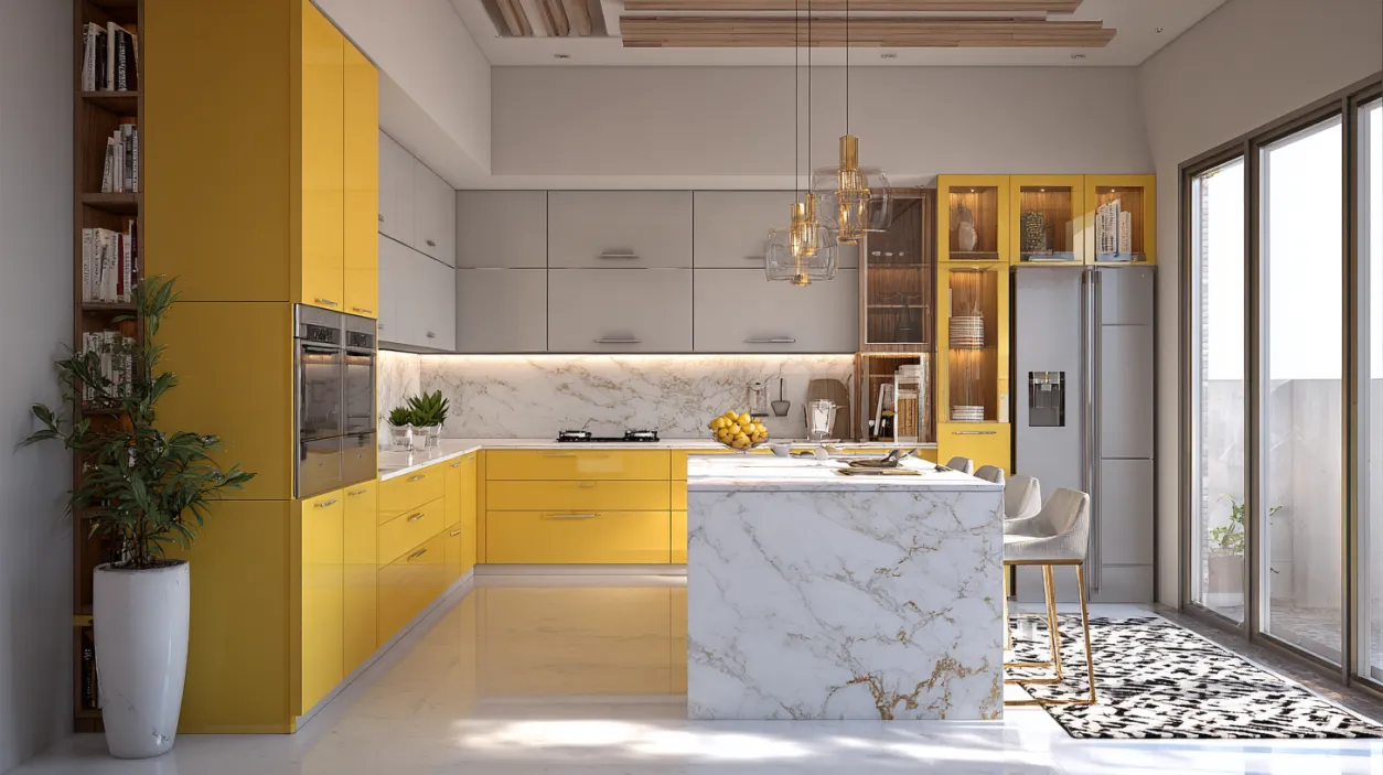 Modern yellow and white modular kitchen accessories.