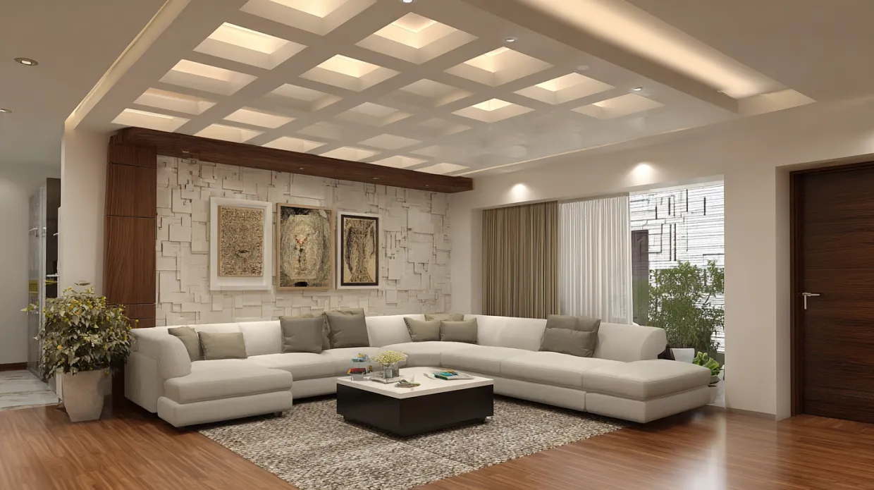 l-shaped false ceiling design hall in monochromatic elegance