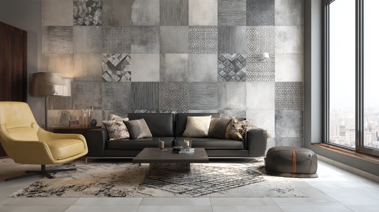monochrome living room wall tiles design with modern patterns, adding elegance and style to contemporary interiors