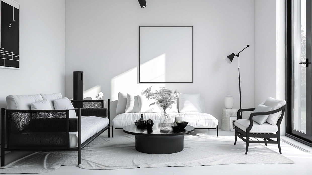 Black and white Indian living room with sleek design