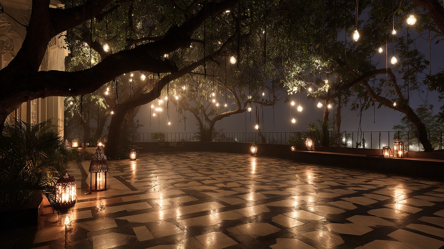 Moonlighting effect from trees over terrace seating